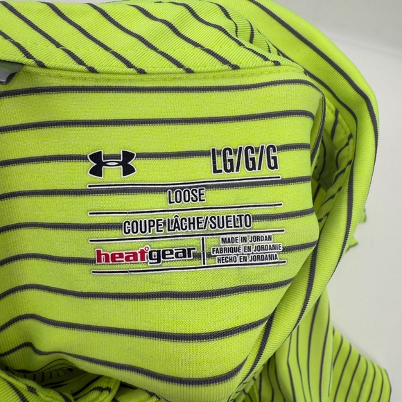 Under Armour Polo Shirt Men Large Yellow Neon Stripes Golf Stretch Performance - Picture 7 of 12